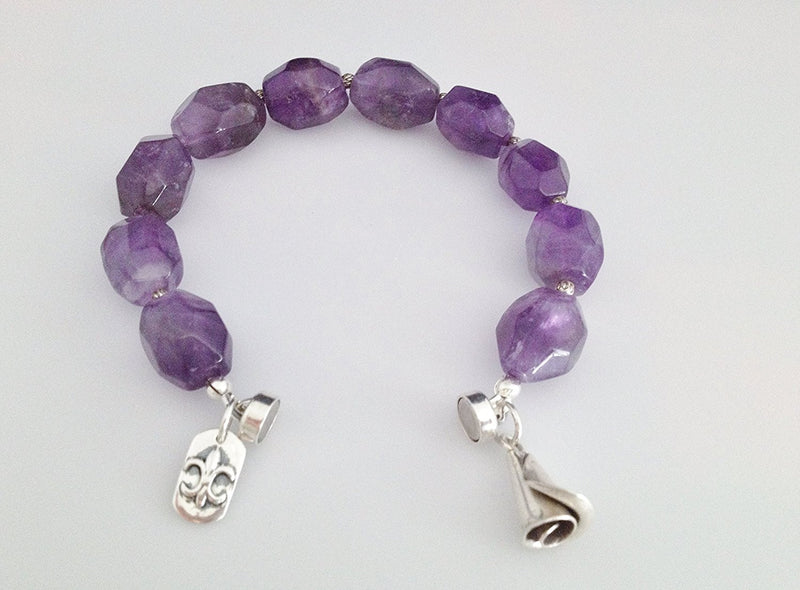 Sterling Silver and Natural Amethyst Bracelet with Charms and Magnetic Clasp Size 6 3/4 inch - Zuzi's