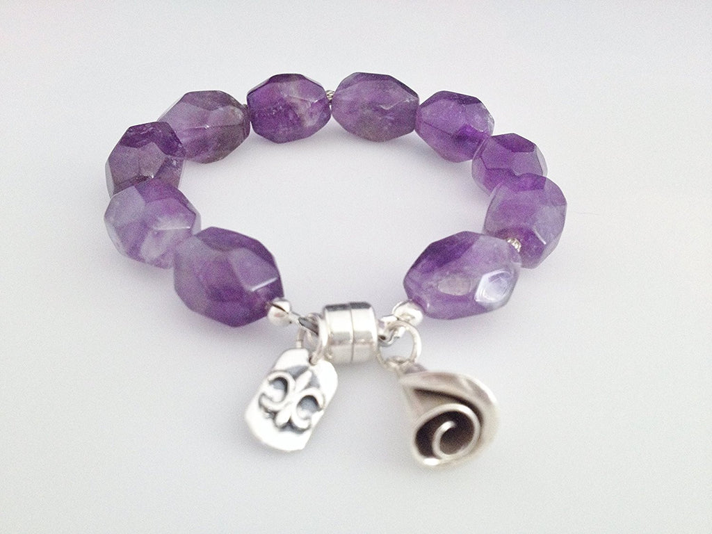 Sterling Silver and Natural Amethyst Bracelet with Charms and Magnetic Clasp Size 6 3/4 inch - Zuzi's