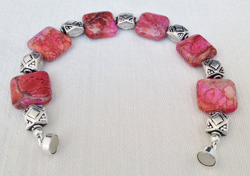 Pink Jasper and Sterling Silver Bracelet with Magnetic Clasp Size 7 1/4 inch - Zuzi's