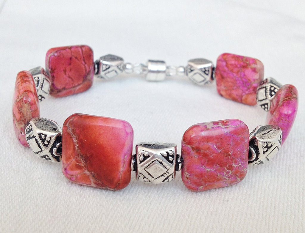 Pink Jasper and Sterling Silver Bracelet with Magnetic Clasp Size 7 1/4 inch - Zuzi's