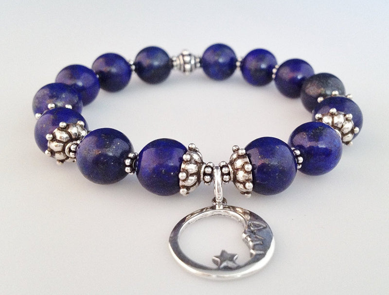 925 Bali Sterling Silver and Natural Lapis Lazuli Stretch Bracelet with Moon and Star Charm - Zuzi's