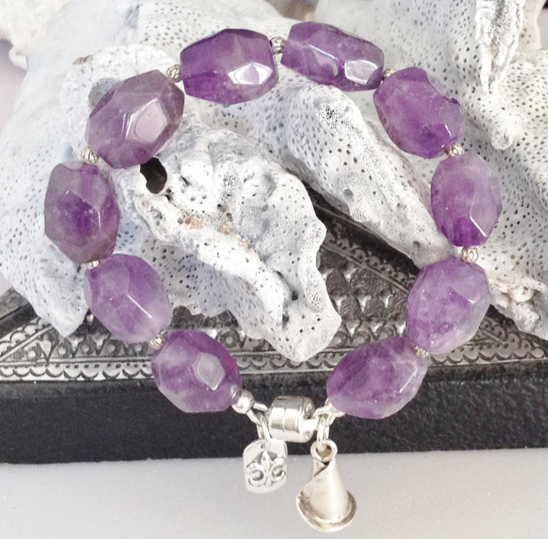 Sterling Silver and Natural Amethyst Bracelet with Charms and Magnetic Clasp Size 6 3/4 inch - Zuzi's
