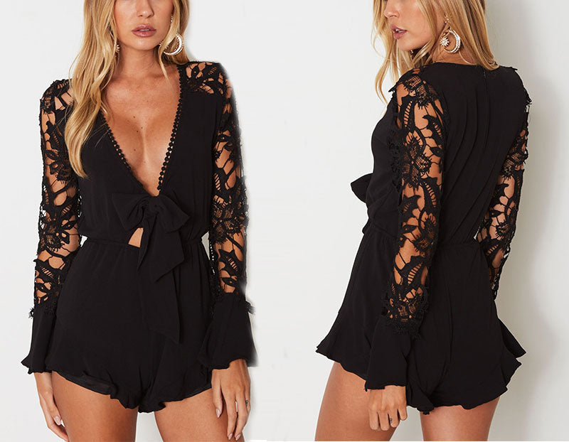 Elegant bow flare long sleeve romper - Zuzi's