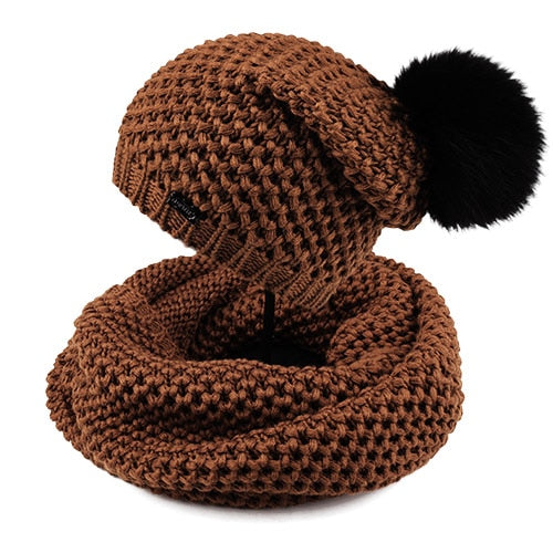 Woman Knitted Beanie Hat and Infinity Scarf Set Real Fox Fur Pom Pom Multiple Colors - Zuzi's