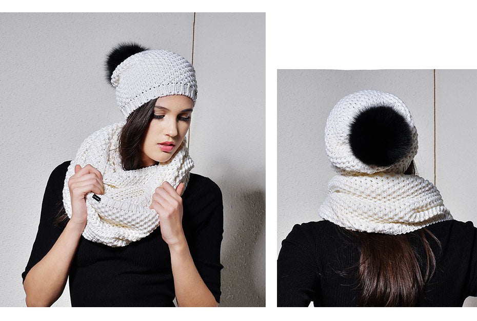 Woman Knitted Beanie Hat and Infinity Scarf Set Real Fox Fur Pom Pom Multiple Colors - Zuzi's