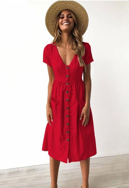 Short Sleeve V Neck Button Midi Dress Multiple Colors - Zuzi's