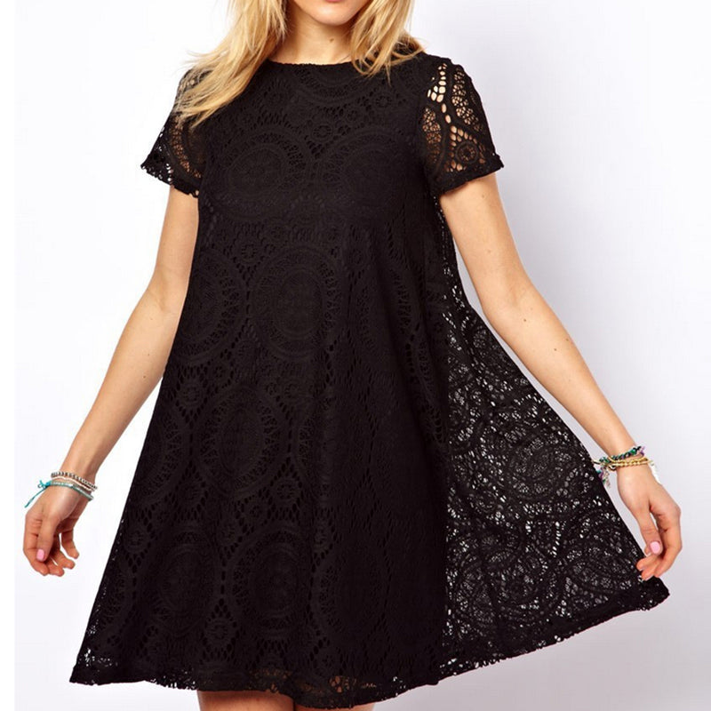 Short Sleeve A-Line Hollow Out Lace Dress Multiple Colors - Zuzi's