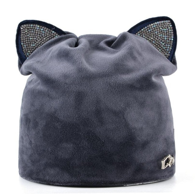 Women's Beanies Cat Velvet Hat With  Rhinestone Multiple Colors - Zuzi's