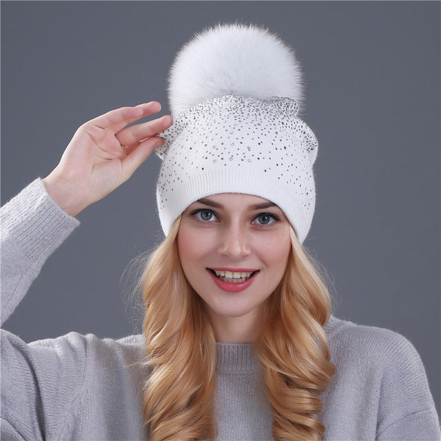 Knitted Winter Hat with Fox, Mink Fur Pom Pom and Shining Rhinestone Multiple Colors - Zuzi's