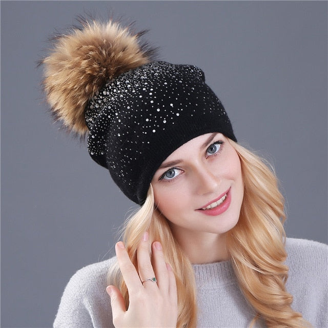 Knitted Winter Hat with Fox, Mink Fur Pom Pom and Shining Rhinestone Multiple Colors - Zuzi's