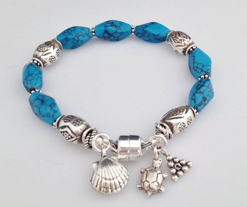 Sterling Silver and Blue Howlite Bracelet with Charms and Magnetic Clasp 6 1/2 inch - Zuzi's