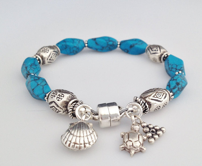 Sterling Silver and Blue Howlite Bracelet with Charms and Magnetic Clasp 6 1/2 inch - Zuzi's