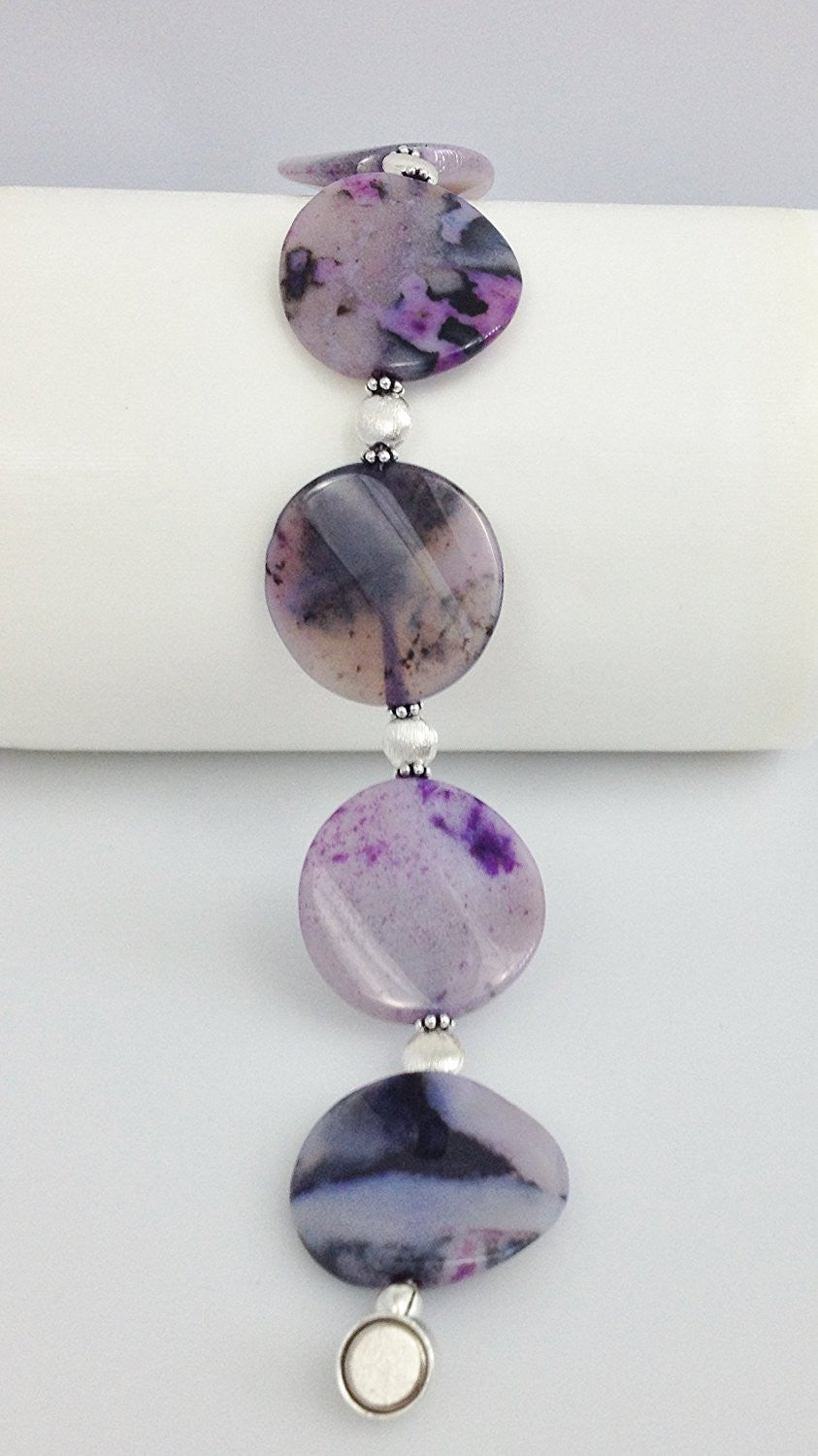 Sterling Silver and Purple Crazy Agate Bracelet with Magnetic Clasp and Charm  Size 7 1/2 - Zuzi's