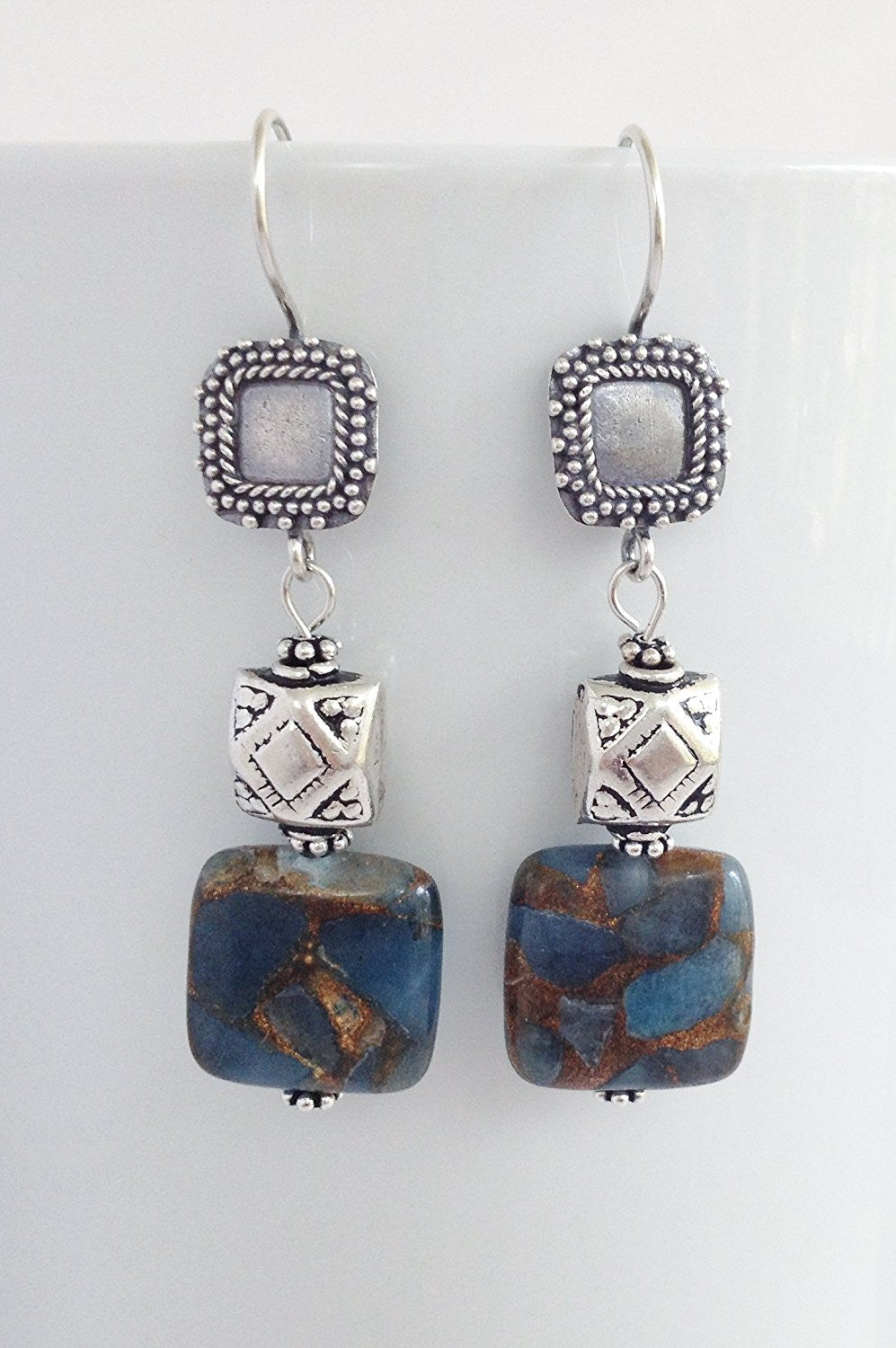 Bali Sterling Silver , Aquamarine and Gold Vein Pyrite Earrings - Zuzi's
