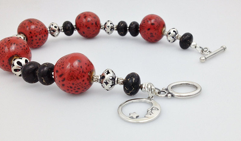 Sterling Silver, Red/ Black Raku Porcelain and Bronze Infused Black Turquoise Bracelet - Zuzi's