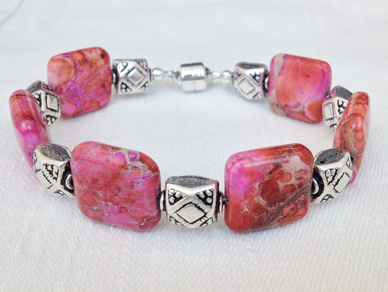 Pink Jasper and Sterling Silver Bracelet with Magnetic Clasp Size 7 1/4 inch - Zuzi's