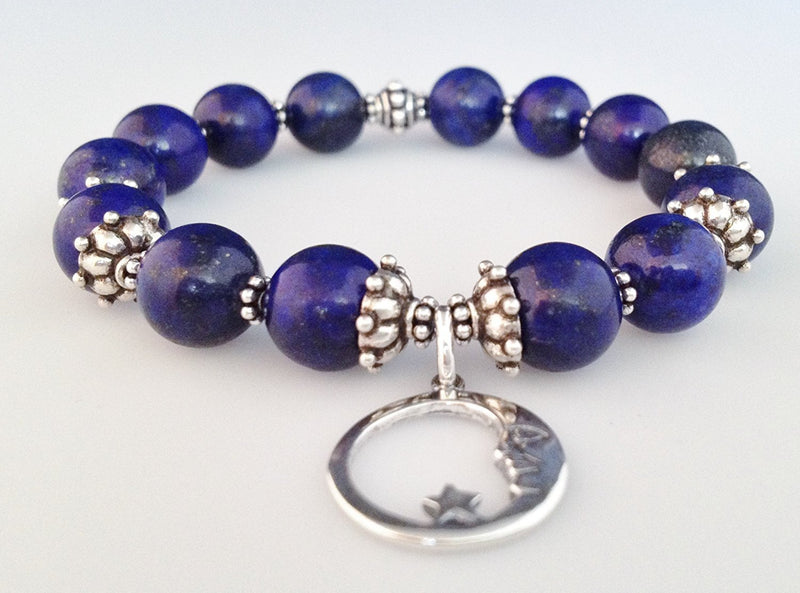 925 Bali Sterling Silver and Natural Lapis Lazuli Stretch Bracelet with Moon and Star Charm - Zuzi's