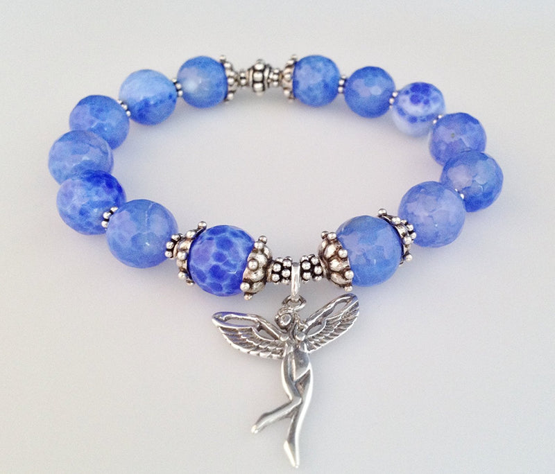925 Bali Sterling Silver and Blue Fire Agate Stretch Bracelet with Fairy Charm - Zuzi's