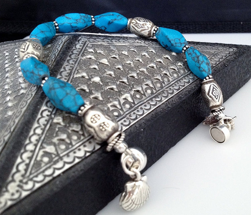Sterling Silver and Blue Howlite Bracelet with Charms and Magnetic Clasp 6 1/2 inch - Zuzi's