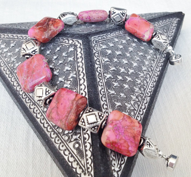 Pink Jasper and Sterling Silver Bracelet with Magnetic Clasp Size 7 1/4 inch - Zuzi's