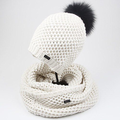 Woman Knitted Beanie Hat and Infinity Scarf Set Real Fox Fur Pom Pom Multiple Colors - Zuzi's