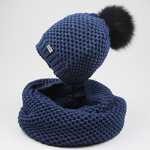 Woman Knitted Beanie Hat and Infinity Scarf Set Real Fox Fur Pom Pom Multiple Colors - Zuzi's