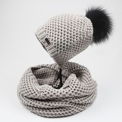 Woman Knitted Beanie Hat and Infinity Scarf Set Real Fox Fur Pom Pom Multiple Colors - Zuzi's