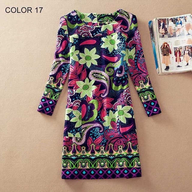 Long Sleeve Flower Print Dress Multiple Designs - Zuzi's