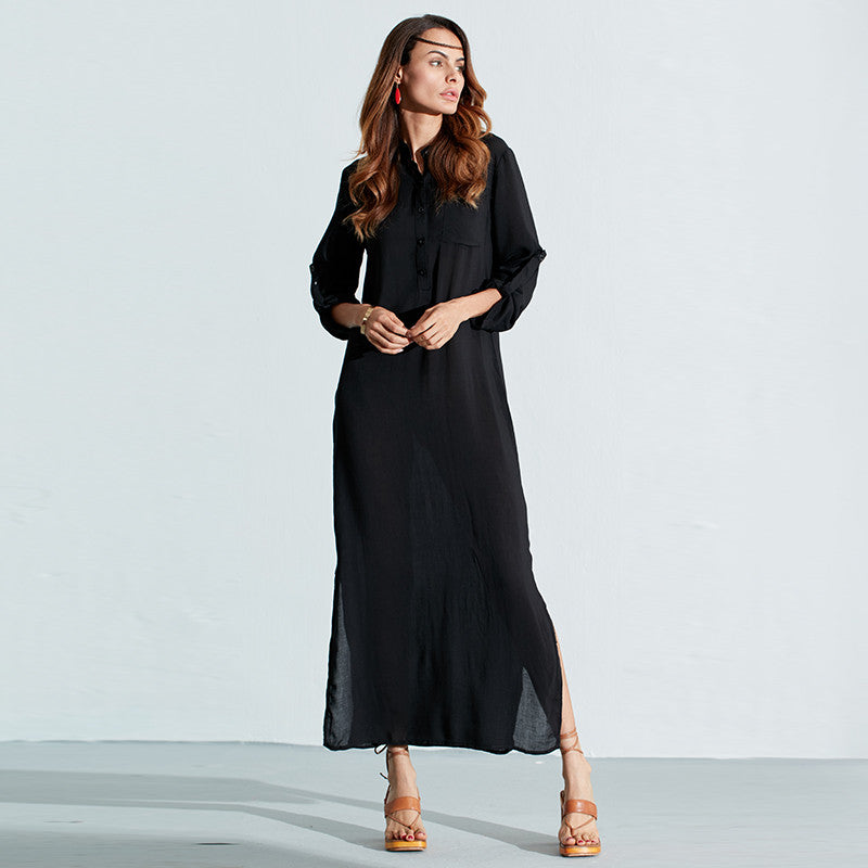 Long Sleeve Deep V Neck Split Solid Long Maxi Dress Multiple Colors - Zuzi's