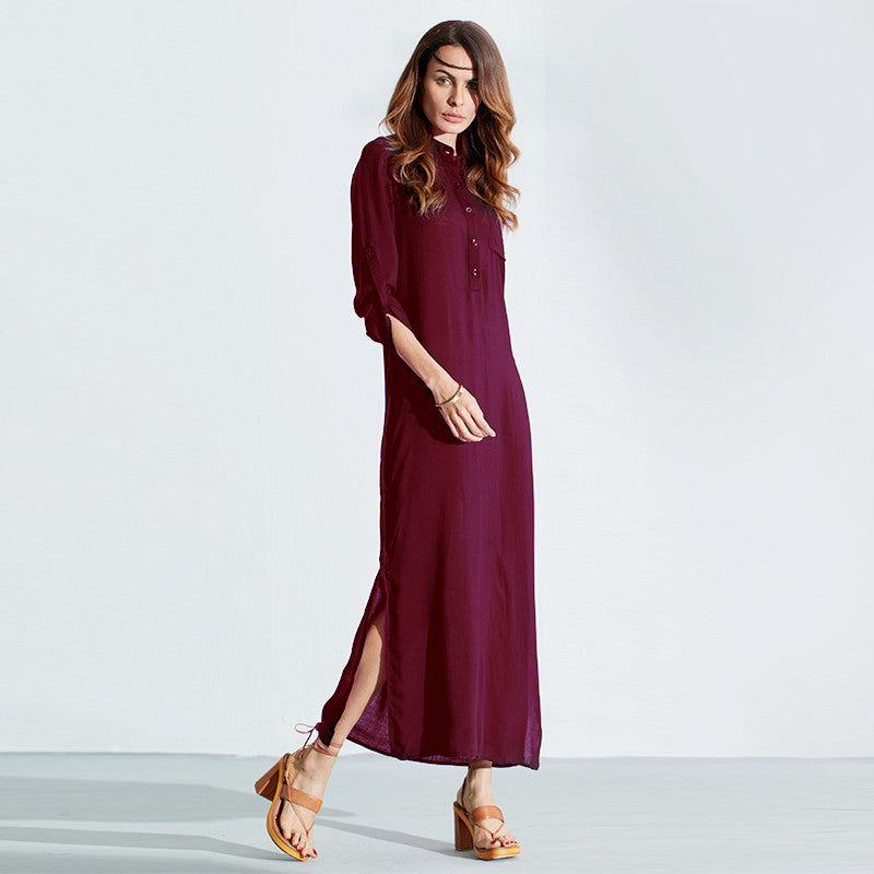 Long Sleeve Deep V Neck Split Solid Long Maxi Dress Multiple Colors - Zuzi's