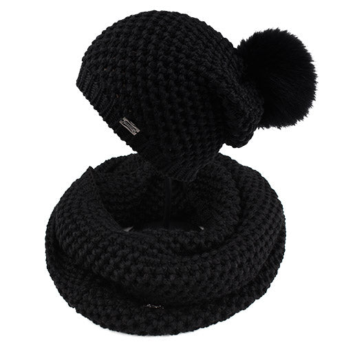 Woman Knitted Beanie Hat and Infinity Scarf Set Real Fox Fur Pom Pom Multiple Colors - Zuzi's