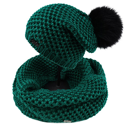 Woman Knitted Beanie Hat and Infinity Scarf Set Real Fox Fur Pom Pom Multiple Colors - Zuzi's