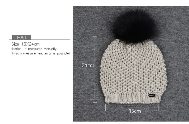 Woman Knitted Beanie Hat and Infinity Scarf Set Real Fox Fur Pom Pom Multiple Colors - Zuzi's