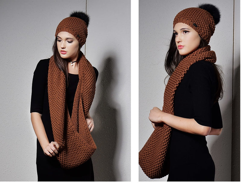 Woman Knitted Beanie Hat and Infinity Scarf Set Real Fox Fur Pom Pom Multiple Colors - Zuzi's