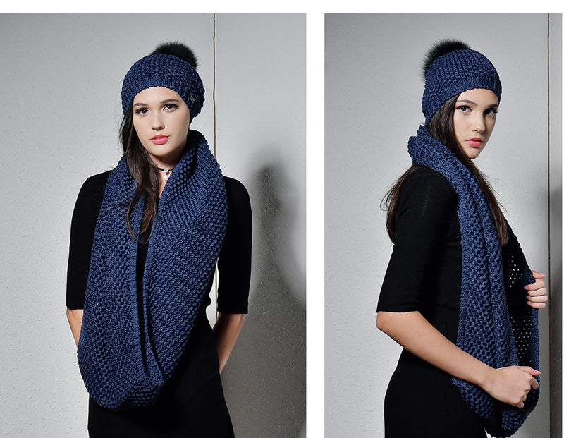 Woman Knitted Beanie Hat and Infinity Scarf Set Real Fox Fur Pom Pom Multiple Colors - Zuzi's
