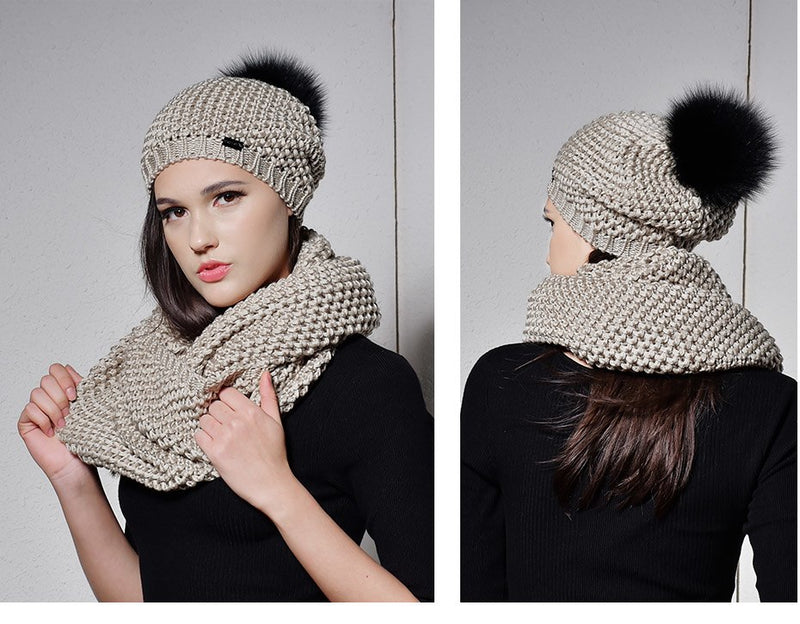 Woman Knitted Beanie Hat and Infinity Scarf Set Real Fox Fur Pom Pom Multiple Colors - Zuzi's