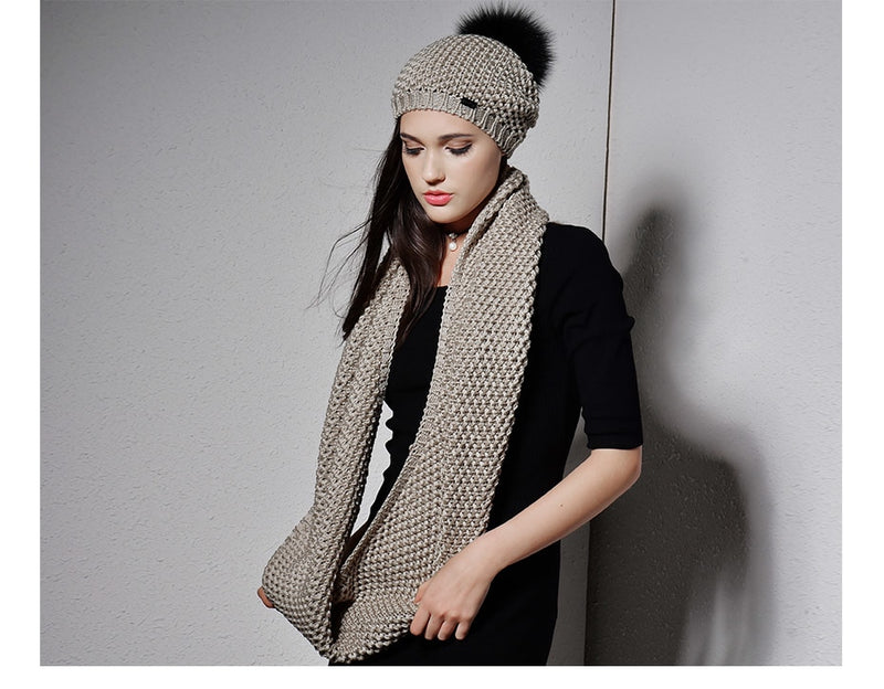 Woman Knitted Beanie Hat and Infinity Scarf Set Real Fox Fur Pom Pom Multiple Colors - Zuzi's