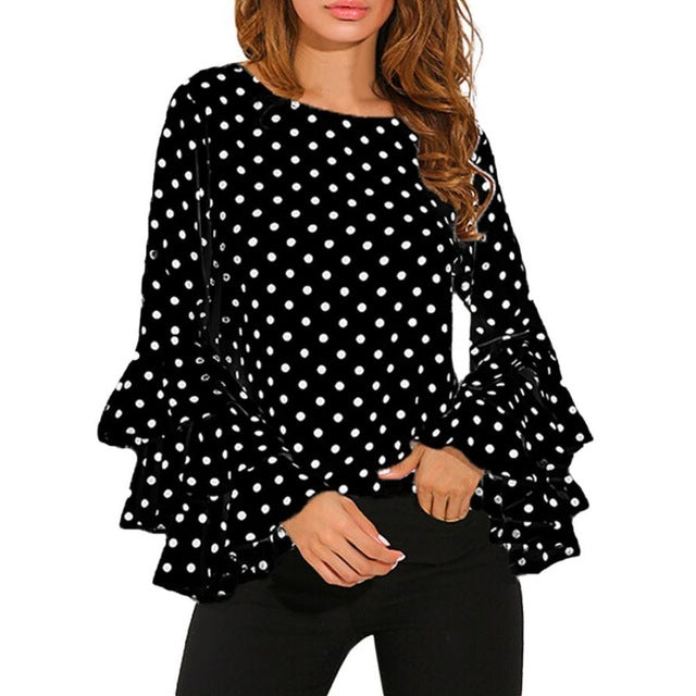 Fashion Women's Bell Sleeve Loose Polka Dot  Blouse - Zuzi's