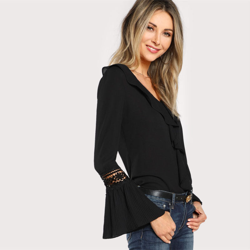 Black Ruffle Neck Lace Insert Blouse - Zuzi's