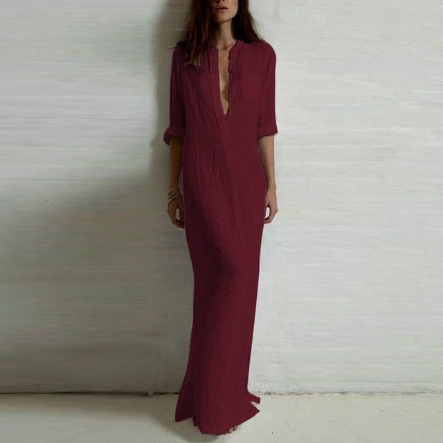 Long Sleeve Deep V Neck Split Solid Long Maxi Dress Multiple Colors - Zuzi's
