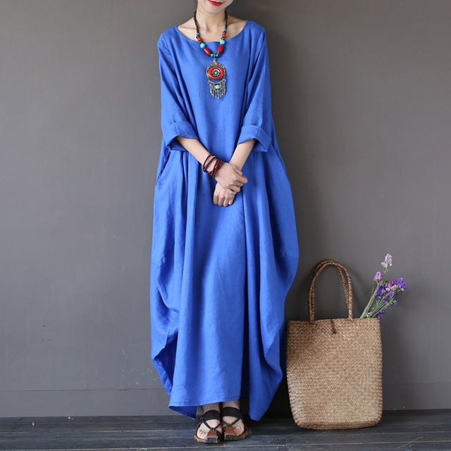 Crew-neck 3/4 Batwing Sleeve Maxi Dress Multiple Colors - Zuzi's