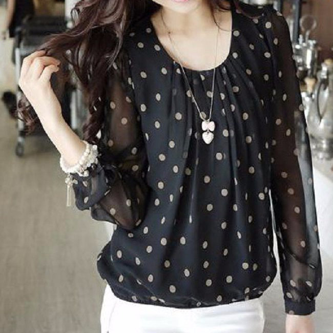 Women Fashion Long Sleeve O-Neck Polka Dot Print Loose Chiffon Blouse - Zuzi's