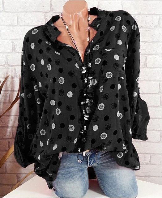 Adjustable Long Sleeve Polka Dot Print Blouse - Zuzi's