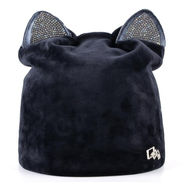 Women's Beanies Cat Velvet Hat With  Rhinestone Multiple Colors - Zuzi's