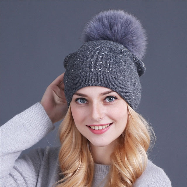 Knitted Winter Hat with Fox, Mink Fur Pom Pom and Shining Rhinestone Multiple Colors - Zuzi's